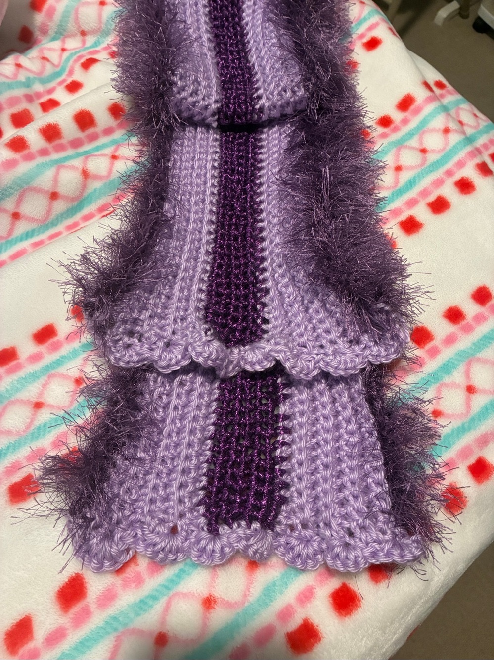 Hand Crafted Lavender and Plum Striped Fuzzy-Trim Crocheted Scarf